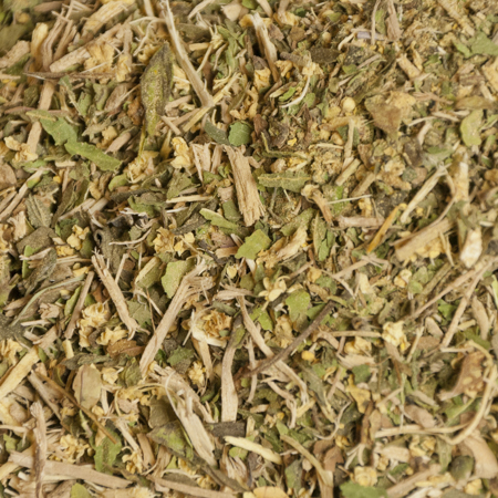 Close-up of Hay Fever Allergy Relief Tea blend, featuring organic ingredients like Elderberry Flower and Siberian Ginseng, crafted as a tea for allergies.