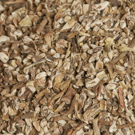 Close-up of Certified Organic Dandelion Root (Taraxacum officinale), ideal for liver support and adding body to herbal teas.