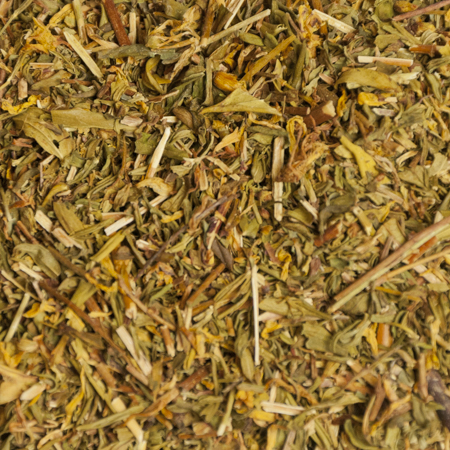 Close-up of cut and sifted Organic St. John's Wort from Oregon, known for its antidepressant and healing properties.