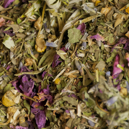 Close-up view of Dreamweaver Tea, featuring organic chamomile and lavender tea, the perfect herbal blend for a peaceful night's sleep.