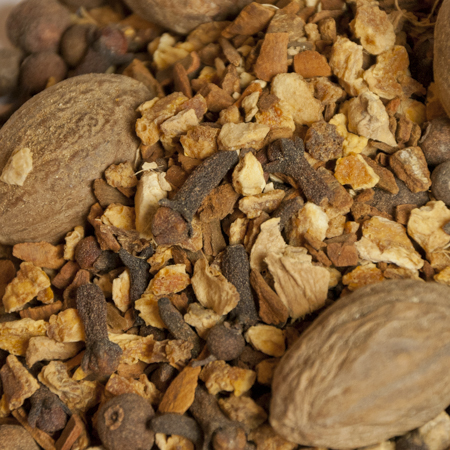Close-up of Bulk Mulling Spices, featuring a festive blend of organic cinnamon, nutmeg, and citrus peels, perfect for holiday beverages.