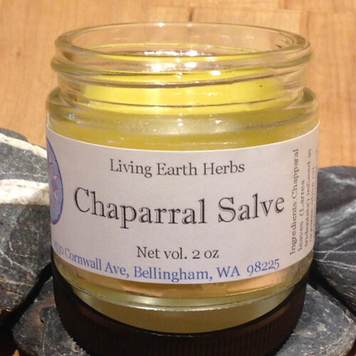 Chaparral Salve container, formulated with organic ingredients for treating eczema and chronic athlete’s foot, providing deep skin healing.