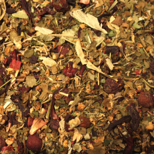Organic Blood Pressure Support Tea blend with hibiscus, skullcap, linden, and hawthorn.